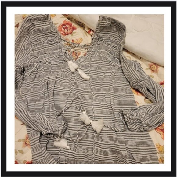 Derek Lam 10 Crosby Stripe Cotton V-Neck Tassel Tie Blouse Tunic - Picture 2 of 4